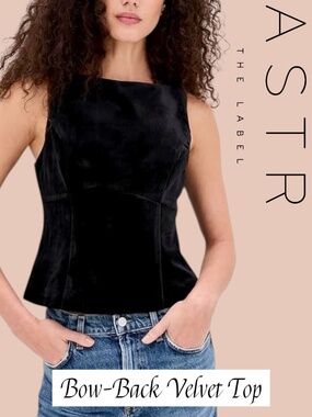 ASTR THE LABEL Jinnie Black Velvet Boat Neck Back-Bow-Detail Top NWT/Lg